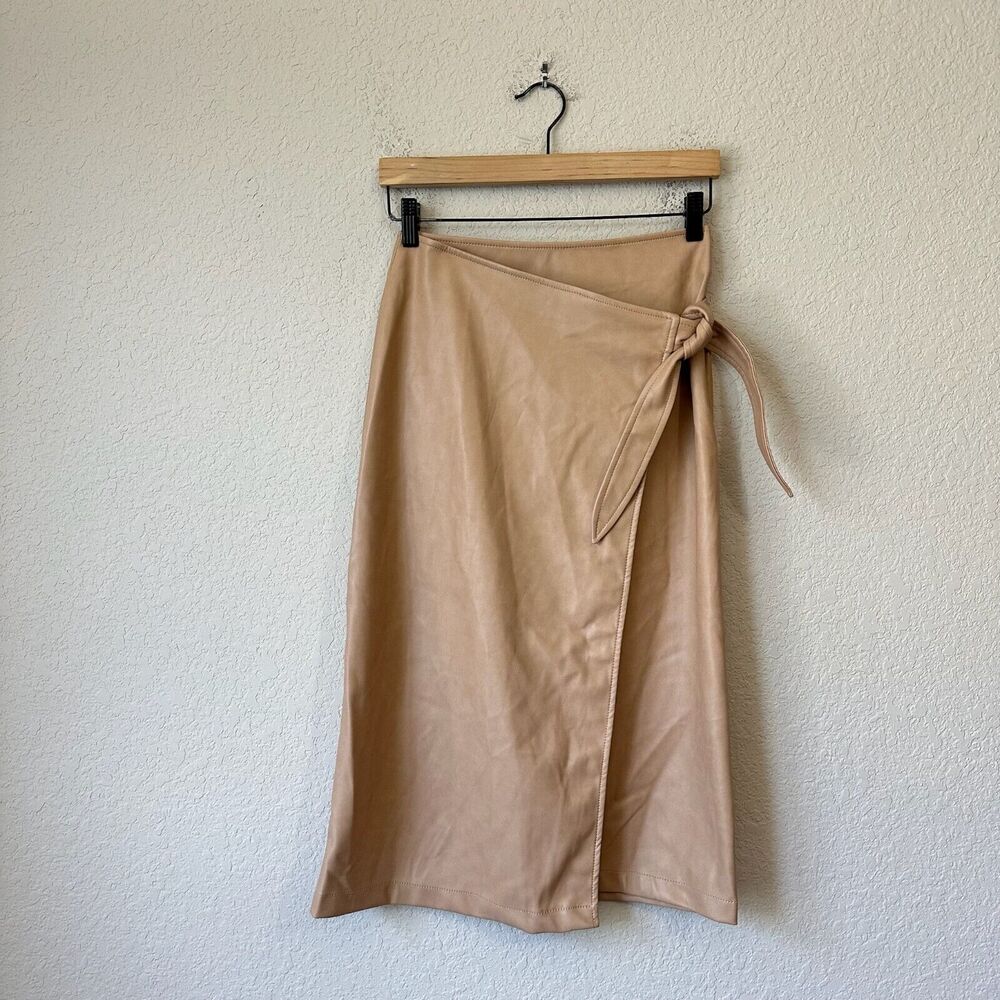 NWT 7 FOR ALL MANKIND Vegan Leather Wrap Midi Skirt in Tan